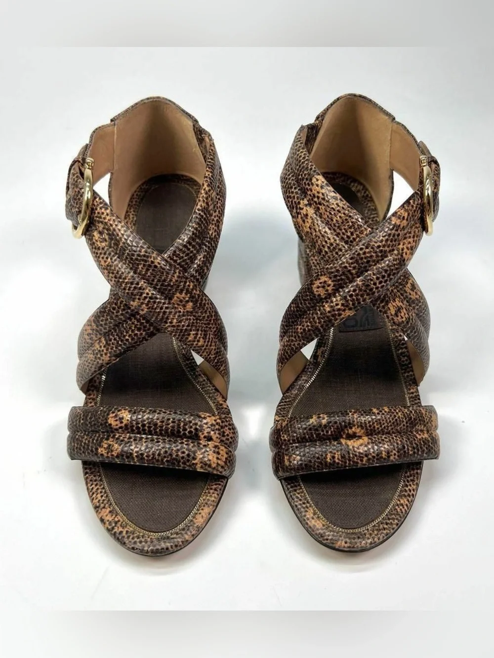 RARE Salvatore Ferragamo Brown Snakeskin Crisscross Strap Heels size 6 to 6.5